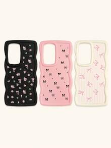 Black White Pink Bowknot Fashion Phone Cases 3pcs Dopamine Themed Wavy Edge Bowknot Pattern Phone Cases Compatible With IPhone & Galaxy Phones Spring Gift - Multicolor - View 37