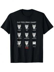 Funny Cat Feelings Chart Graphic T-Shirt - 12 Emotions (Happy, Sad, Angry, Bored) - Black With White Text - Soft 180gsm Heavyweight Cotton Tee For Cat Lovers - Unisex Adult & Youth Sizes S-XXXL - Perfect Gift For Pet Owners - Casual Everyday Shirt, Humorous Apparel, Playful Design, Breathable Fabric, Novelty Top, Animal Lovers - 黑色 - 查看 1