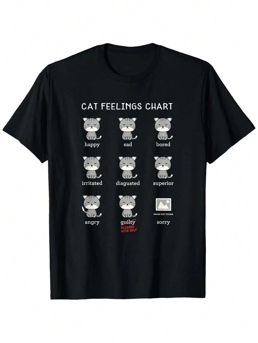 Funny Cat Feelings Chart Graphic T-Shirt - 12 Emotions (Happy, Sad, Angry, Bored) - Black With White Text - Soft 180gsm Heavyweight Cotton Tee For Cat Lovers - Unisex Adult & Youth Sizes S-XXXL - Perfect Gift For Pet Owners - Casual Everyday Shirt, Humorous Apparel, Playful Design, Breathable Fabric, Novelty Top, Animal Lovers - 黑色 - 查看 1