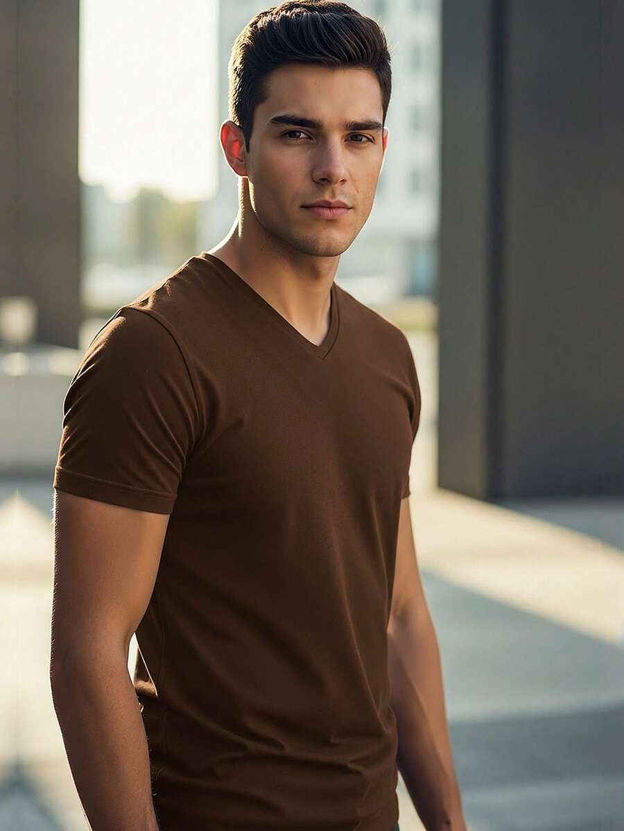 Men's Premium Slim Fit V-Neck Egyptian Cotton T-Shirt - 鏽棕色 - 查看 1