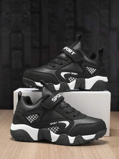 1 双儿童轻便减震运动鞋，皮革鞋面带绑带，休闲日常上学穿着，耐脏，男女通用