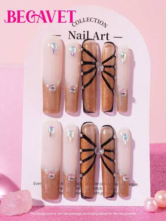 BEGAVET Ny höst- och vinterkollektion 10 st handgjorda nagelkonst i salongskvalitet med press-on-naglar, bruna naglar, kattögon, superlånga, exklusiv design, 3D-naglar med 3D-berlocker, lämpliga för nyårsfester/musikfestivaler och vardagsbruk.