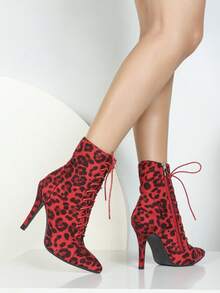 Women's Fashion Pointed Toe High Heel Boots, Slim High Heel Mid-Calf Boots With Side Zipper, Lace-Up Boots In Leopard Velvet With Super Soft Lining, 1 Solid Color Elegant Lace-Up Ankle Boots And Mid-Calf Boots For Wedding Party Outdoor Autumn/Winter - Leopard Red - View 5