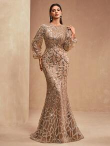 New Luxury Elegant Women's Formal Mermaid Maxi Dress With Sequins, Sequins, Lace Patchwork, Lantern Sleeves, Round Neck, Suitable For Formal Parties, Galas, Banquets - 咖啡棕 - 查看 6
