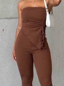 Women's Strapless Set, Pants And Cropped Top, Fashion Blogger Style With Adjustable Side Detail - Màu nâu  Mocha - Xem 4