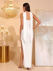 Elegant Beaded Decor Strapless High Slit Bridesmaid Dress, Bandage Party Gown - White - View 7