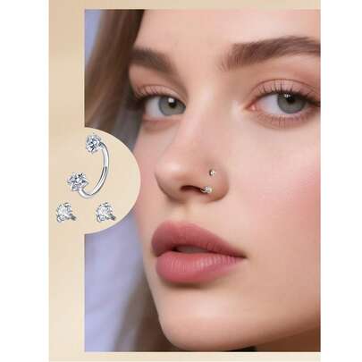 Bộ 3 món trang sức đính đá Cubic Zirconia hình trái tim và móng ngựa sang trọng, khuyên mũi ren trong, khuyên tai tròn, khuyên môi, khuyên lông mày, khuyên sụn tai, khuyên vách ngăn mũi, phụ kiện hàng ngày dành cho cả nam và nữ.