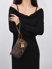 Leather Shoulder Bag for Women Small Clutch Handbag Purse Letter Pattern Underarm Bag Ladies Designer Evening Bag Detachable Chain Strap Wristlet Wallet Bag with Cute Minions Bag Charm - 黑色1 - 查看 2