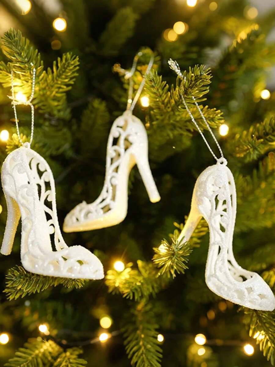 3 pezzi S Bianco brillante Set di pendenti con tacco alto Mini decorazioni con tacco alto - Elegante decorazione per albero di Natale in plastica bianca lucida, design classico ed elegante, decorazione con design di scarpe alla moda con anelli per appendere, adatta per alberi di Natale, realizzata in plastica resistente, perfetta per feste natalizie - Bianco - Visualizzare 1
