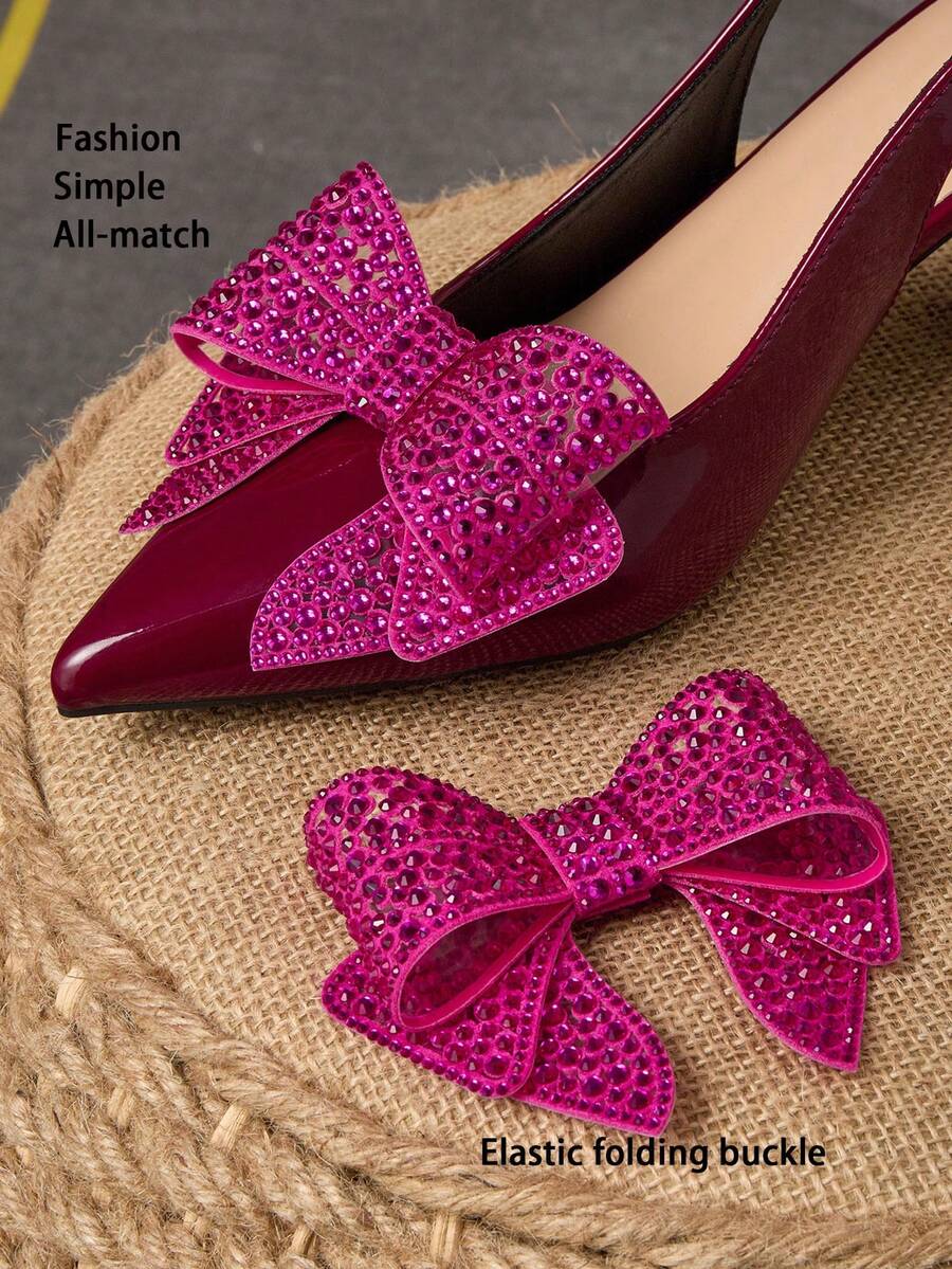 1 Pair Rhinestone Bowknot Shoe Clips, Glamorous Detachable Shoe Flower Elastic Foldable Decorative Clips, Suitable For Weddings, Parties, Galas, Versatile For High Heels, Flats, Bags - Hot Pink - View 1