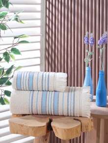 Cotton Towel Set – 150x90 Cm + 70x140 Cm – Soft, Absorbent, Durable – Made In Turkey - Blue and White - View 3