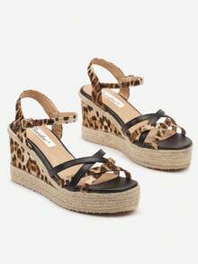 Woven Wedge Sandals With Interwoven Leopard Straps - Black - View 5
