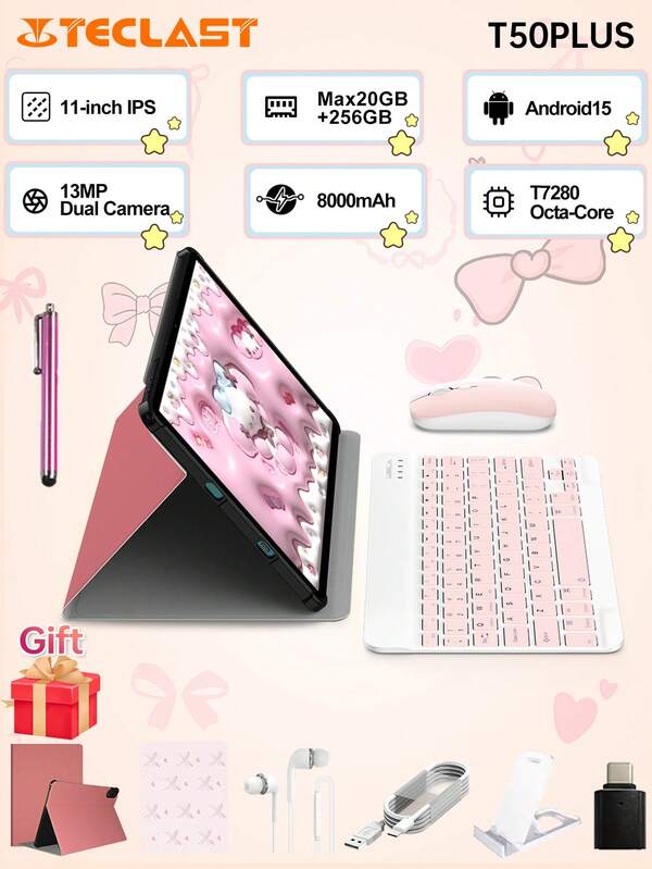 Teclast Teclast T50PLUS 2025New Android 15 Tablet ,11 Inch IPS 1920x1200 Resolution, 120Hz Refresh Rate ,T7280 Octa-Core,20GB(8GB+12GB Virtual) RAM,256GB ROM,4G Dual SIM LTE, 8000mAh Battery,5MP Front 13MP Back Camera,2in 1 Tablet PC,Pink Tablet Case, With Pink Keyboard &Wireless Mouse,Mouse Pad Accessory Bundl