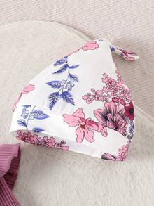 2pcs Newborn Baby Cute Print Long Sleeve Bodysuit + Pants With Hat & Headband Set, Lightweight For Spring/Autumn