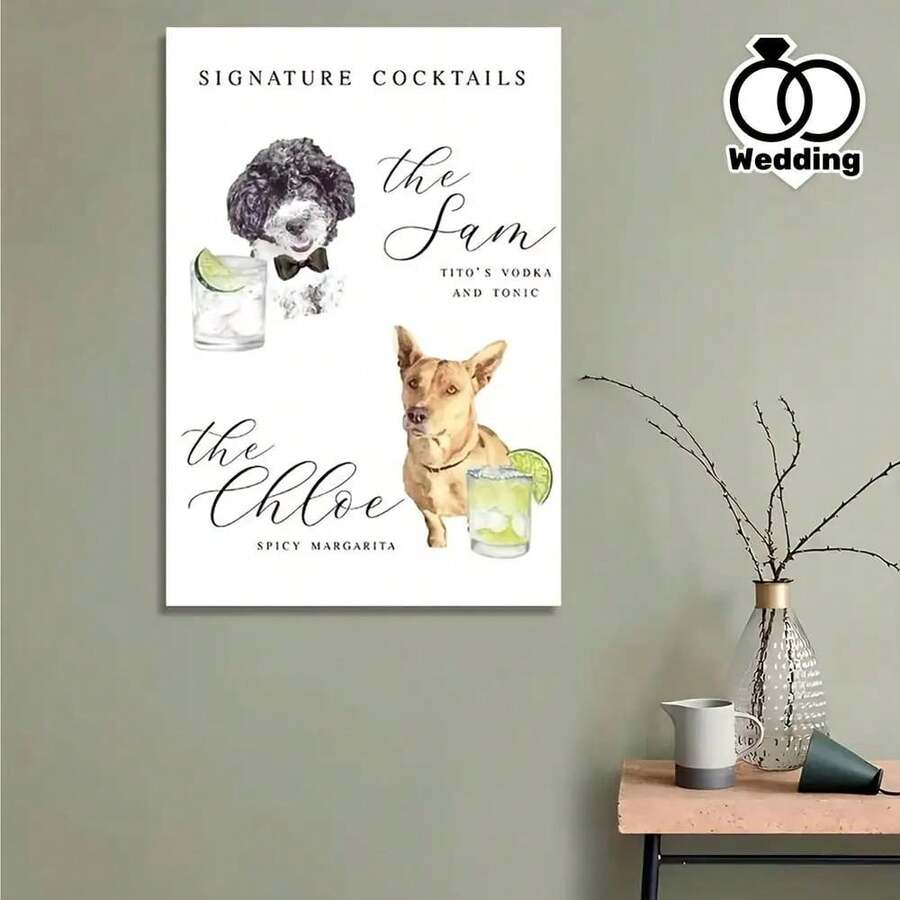 Poster-1pc Fashion Christmas Scenes Wooden Canvas Poster, Dog Signature Cocktails Sign, Pet Signature Drink Bar Menu, Wedding Bar Menu, Pet Wedding Bar Sign, Bar Wedding Poster, Perfect Gift Idea For - Multicolor - View 1