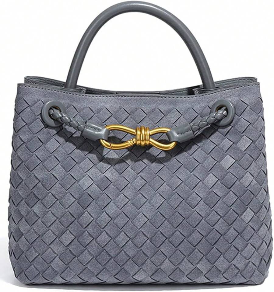 Suede Woven Tote Bag For Women Retro Woven Bag Handbag Bow Shoulder Satchel Suede Crossbody Purse Handle Tote Handbags2025 - 灰色 - 查看 1