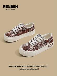 RENBEN 2 piezas/Set Zapatillas de lona con cordones de color marrón casual para mujer, nueva llegada de otoño 2025, estilo de mezclilla, ligeras, suela gruesa, adecuadas para estudiantes de escuela secundaria y universidad