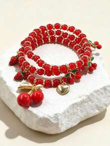 3 件红色 ABS 串珠樱桃和心形吊坠手链套装，女士休闲百搭配饰，适合日常和节日佩戴 - 紅色 - 查看 3