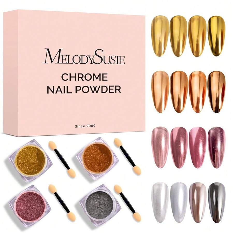 4Pcs Chrome Nail Powder For Gel Nails,Metallic Mirror Effect Pigment Stylish And Technological Fine Glitter For Home DIY Salon Use{"Color_name":"GoldSilverPinkChampagne"} - 金色銀色粉紅香檳色 - 查看 1