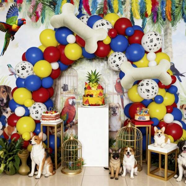 119 piezas Globos con forma de hueso y pata de perro en rojo, amarillo y azul, kit de decoración con arco de globos, adecuado para fiestas de cumpleaños, reuniones familiares, ceremonias de graduación y eventos con temática de mascotas