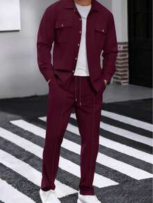 Autumn New Waffle Long Sleeved Pants Two-Piece Set Solid Color Double Pocket Button Up Cardigan Shirt Set - 酒紅色 - 查看 1