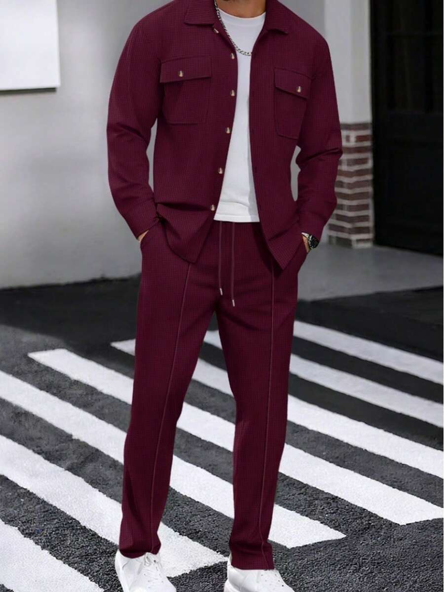 Autumn New Waffle Long Sleeved Pants Two-Piece Set Solid Color Double Pocket Button Up Cardigan Shirt Set - 酒紅色 - 查看 1