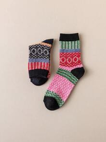 5 Pairs Women's Bohemian Style Christmas Mid-Calf Socks, Suitable For Outdoor, Sports, Home, Office Everyday Wear, Autumn/Winter