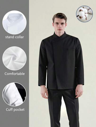 Jaqueta de chef com gola lateral e design clássico, manga comprida, branca personalizada, tecido macio, fácil de cuidar, confortável, uniforme de trabalho unissex outono/inverno, adequada para mulheres, hotel, restaurante, padaria, cozinha, cafeteria