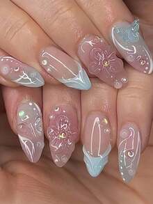 A Set Of 24 Almond-Shaped Press-On Nails In Pink With 3D Floral And Bubble Bead Designs, Suitable All Women. Parties, Celebrations, And Everyday Wear, Comfortable, Easy To Apply, And Long-Lasting. Comes With Glue And A Nail File To Enhance Your Fingertips' Beauty. Nail Supplies Nails - 淺粉色 - 查看 11