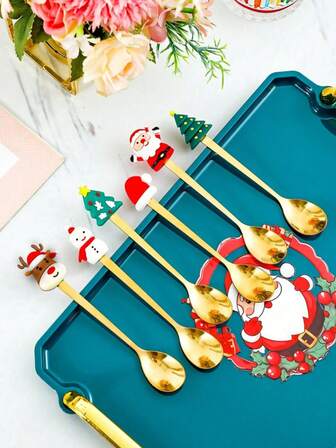 6pcs/Set Christmas Figurine Stainless Steel Cutlery Spoons, Including Santa Claus, Reindeer And Christmas Tree Designs, Suitable For Desserts, Cakes, Fruits And Coffee, Christmas Kitchen Supplies, Christmas Coffee Shop Decorations, Christmas Tableware, Christmas Table Decorations, Perfect Christmas Choice