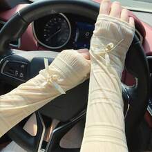 1 对休闲街头风格蝴蝶结丝带防紫外线臂套，优雅女士丝绸材质，长臂覆盖，适合驾驶和骑自行车 - 黑/白 - 查看 6