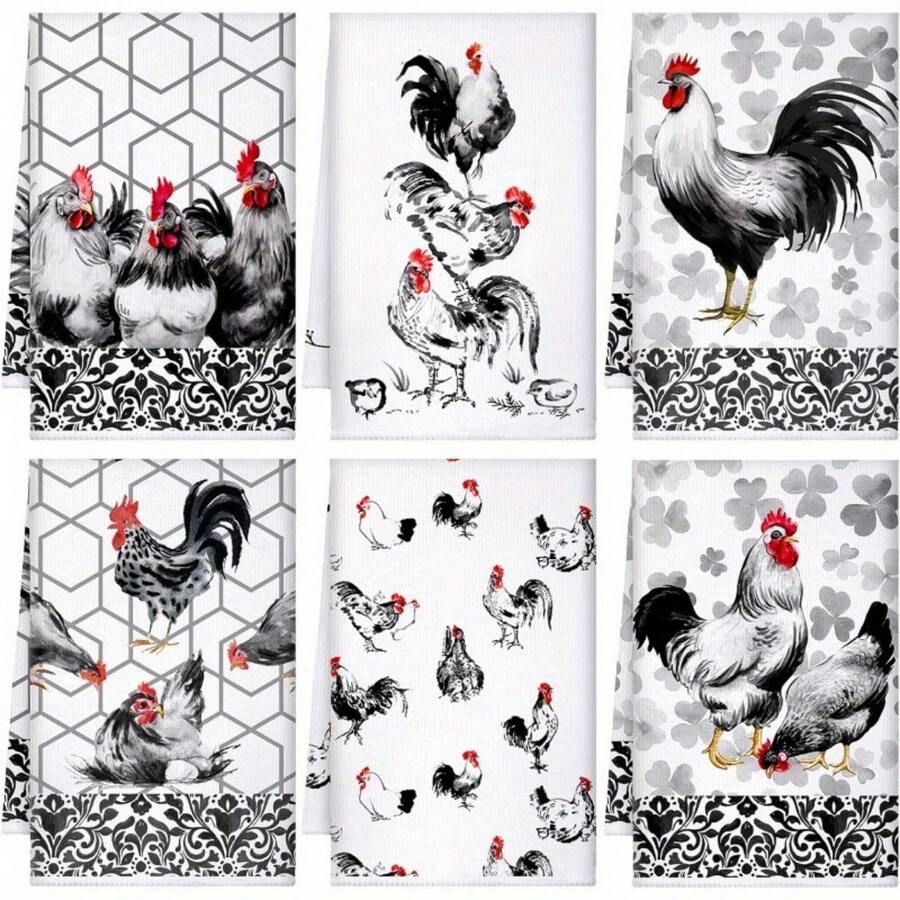2/4/6/8/10/12 Pcs Super Soft Modern Farmhouse Kitchen Towels | Woven Polyester Dish Cloths, Cartoon Chicken & Rooster Design, Machine Washable, 18x26 Inches, For Spring Kitchen & Bathroom Decor - 彩色 - 查看 1