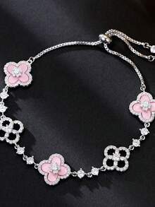 1pc Stainless Steel Elegant Cherry Blossom & Four-Leaf Clover Bracelet, Delicandy Bracelet For Women - Lucky Clover Pullout Bracelet - View 3
