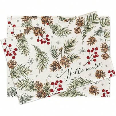 Juego de 4 piezas/6 piezas, Manteles individuales de acebo de invierno, Decoración de mesa de piña con bayas rojas, Decoración navideña de copos de nieve para el hogar y la cocina de 12x18 pulgadas