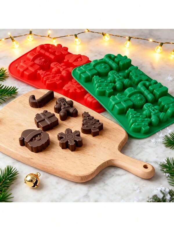 2pcs Red & Green Christmas Themed Chocolate Molds, 4pcs Silicone Candy Molds, Santa Claus, Christmas Tree, Gingerbread Man Baking Molds, Fun Christmas Baking Molds Suitable For Jelly, Candy, Ice Cubes, Wax Products, Scented Wax, Handmade Soap