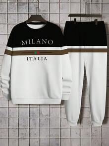 Set de 2 piezas de chándal casual para hombre con estampado de rayas y cuello redondo, conjunto de sudadera y pantalones con estampado de la letra "MILANO" de poliéster, para primavera/otoño