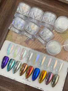 6pcs/Set Super Bright Mirror Effect Faux Pearl Powder Nail Art Kit | Holographic Rainbow Glitter Powder, Suitable For Nail Art And DIY Decoration, Nail Art Supplies, Nail Art Tools - 彩色 - 查看 1