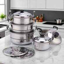 Juego de 5 piezas de utensilios de cocina de acero inoxidable - Ollas duraderas con tapas, interior pulido, asas remachadas y perillas resistentes al calor - Plateado - Ver 1