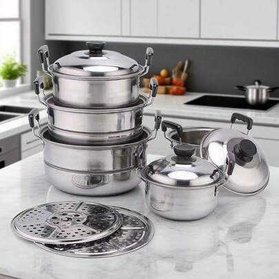 Juego de 5 piezas de utensilios de cocina de acero inoxidable - Ollas duraderas con tapas, interior pulido, asas remachadas y perillas resistentes al calor