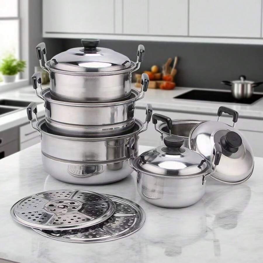 Juego de 5 piezas de utensilios de cocina de acero inoxidable - Ollas duraderas con tapas, interior pulido, asas remachadas y perillas resistentes al calor - Plateado - Ver 1