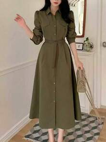 French Style Lace-Up Waist Dress For Women, New Design Elegant Lady Vibe Dress, Autumn/Winter Spring - Green - View 1