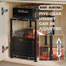 2-Tier Pull Out Under Sink Storage Rack, Slide Out Drawer Organizer For Kitchen Cabinet, No Drill Installation, Utilize Dead Space For Cleaning Supplies Pots Pans Storage, Thickened Stainless Steel Sturdy - Black - View 5