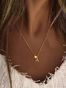 1pc Stainless Steel 18K Gold Plated Letter "Elegance" Heart Pendant Necklace, Minimalist 26 English Alphabet Necklace, Mom Gift Suitable For Date, Party, Gathering, Perfect Gift For Holiday - Gold - View 1