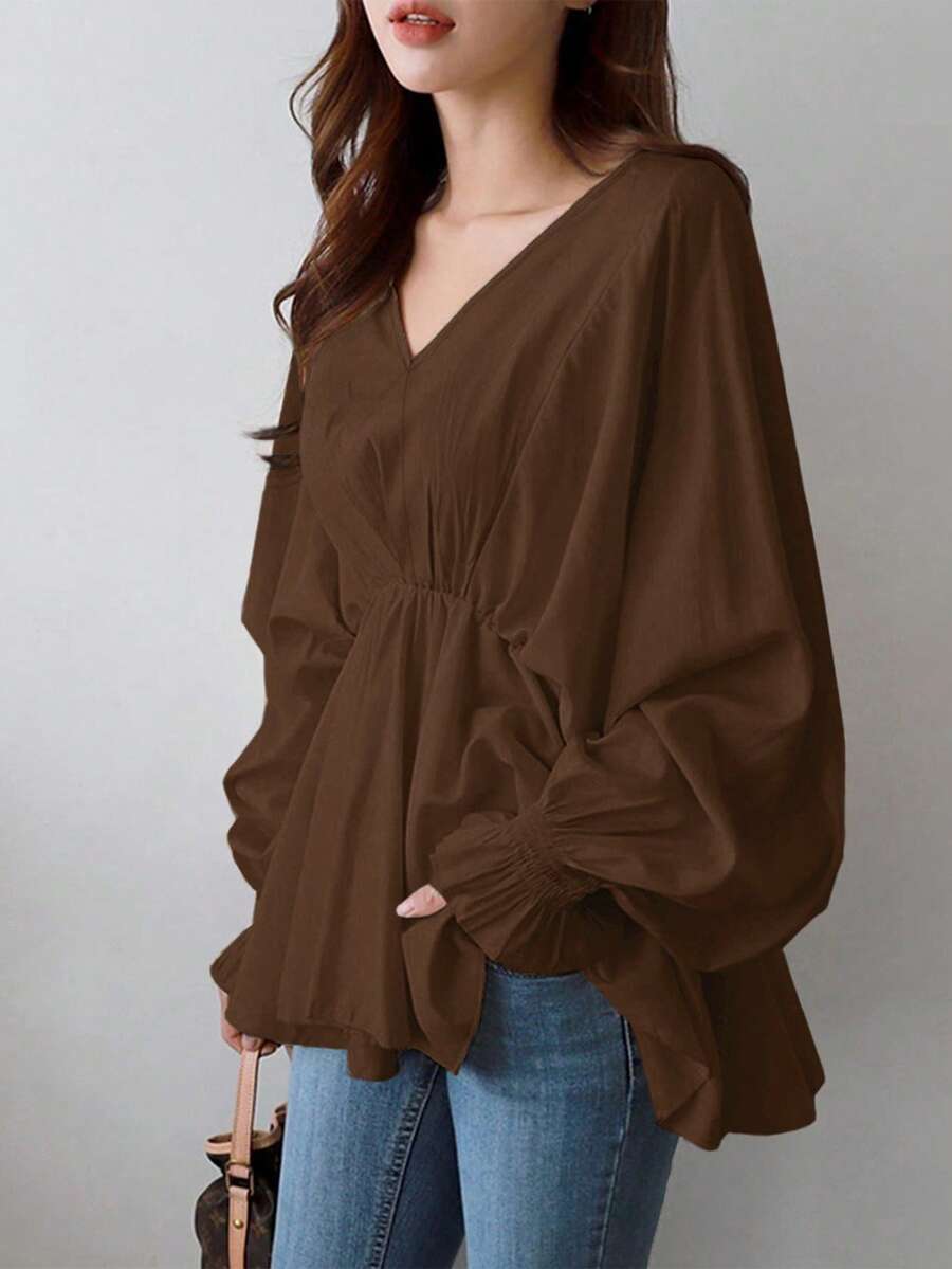 Áo kiểu nữ cỡ lớn cổ chữ V dáng suông, thắt eo dây rút, chất liệu nhẹ thoáng khí, tay phồng dài, thích hợp mặc đi làm/mặc hàng ngày, mùa xuân/hè. - Cà phê nâu - Xem 1