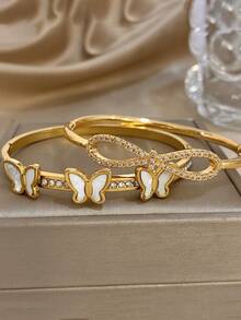 Juego de pulsera de acero inoxidable chapada en oro de 18K con elegante diseño de mariposa y lazo de circonita, joyería romántica y eterna como regalo para mamá en Navidad, Acción de Gracias, Halloween, boda, fiesta, uso diario, aniversario, San Valentín, cumpleaños, dama de honor