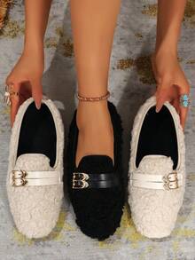 Black Faux Fur Loafers, Metal Double Buckle Decor Handmade Warm Slip-On Shoes, Retro Style, Comfortable Indoor Slippers For Women, Autumn/Winter - Black - View 3