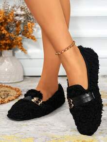 Black Faux Fur Loafers, Metal Double Buckle Decor Handmade Warm Slip-On Shoes, Retro Style, Comfortable Indoor Slippers For Women, Autumn/Winter - Black - View 4