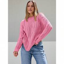 2025  Women's Oversized Cable Knit Crewneck Sweaters - Rose Pink - View 2