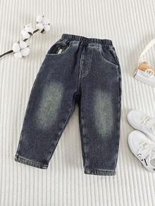 Young Boys' Loose Fit Thermal Lined Thick Denim Jeans, Suitable For Daily, School, Casual, Outdoor Wear, Autumn/Winter - Blue - View 3