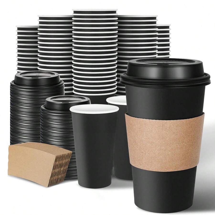 500毫升纸质咖啡杯，150/60/30个装，一次性带盖热咖啡杯，黑色，适用于热咖啡和可可饮品，适合家庭和咖啡馆使用，派对理想之选